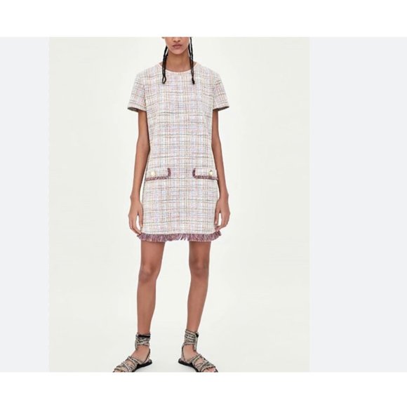 ZARA Trafaluc 'Sonia' Pink Tweed Mini Dress size L - Picture 7 of 15